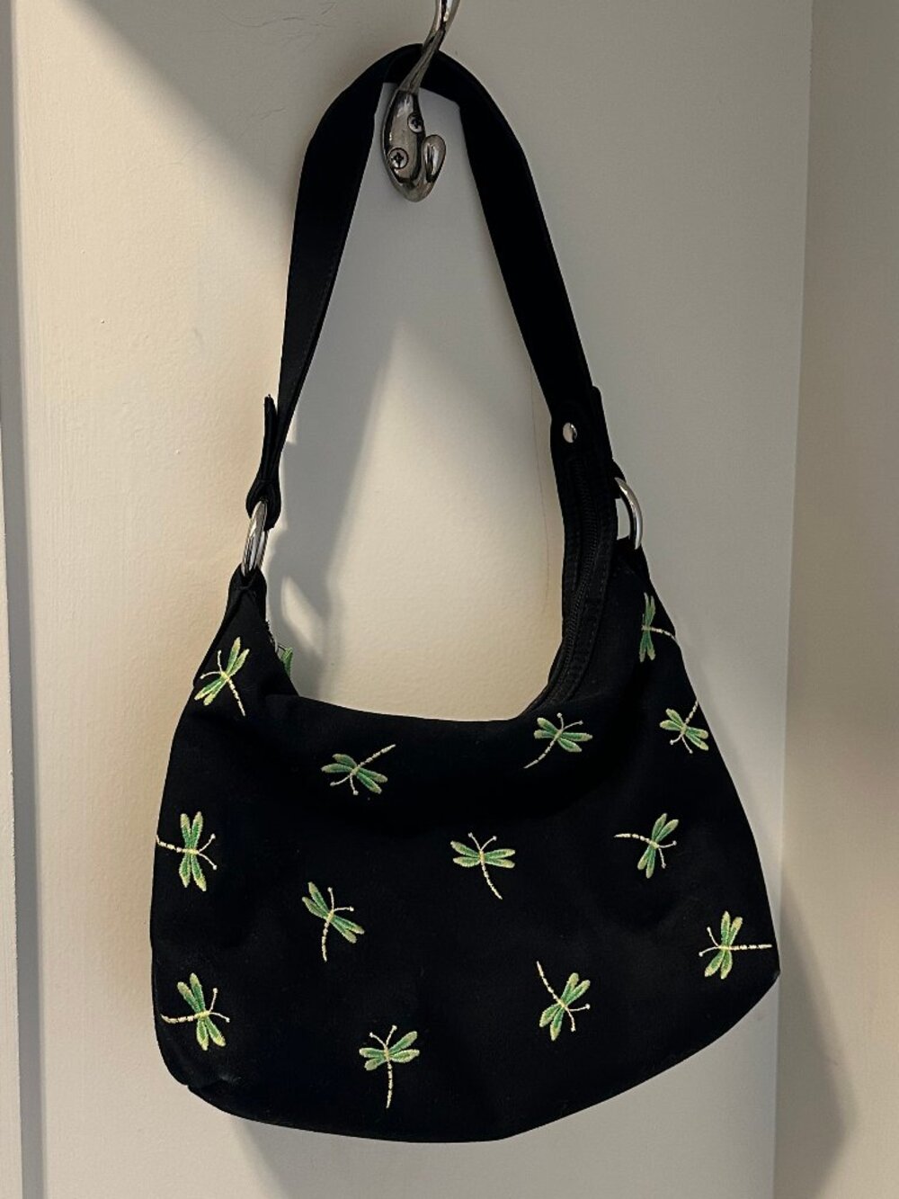 Talbots spring black fabric bag with green and gold embroidered fireflies